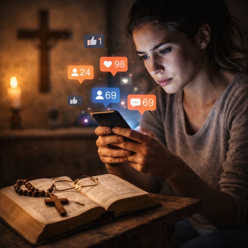 Mulher olha o celular, com ícones de curtidas e comentários flutuando