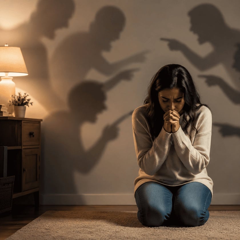 Mulher ajoelhada com as mãos unidas diante de sombras de pessoas apontando dedos na parede.