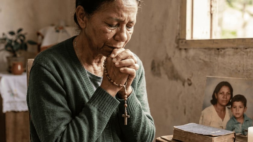 Mulher idosa chora e reza com um terço, ao lado de fotos, Bíblia e vela.