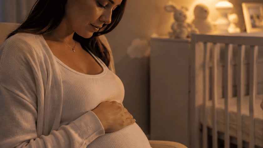 Mulher grávida sentada em poltrona, com as mãos na barriga, em quarto de bebê com berço.