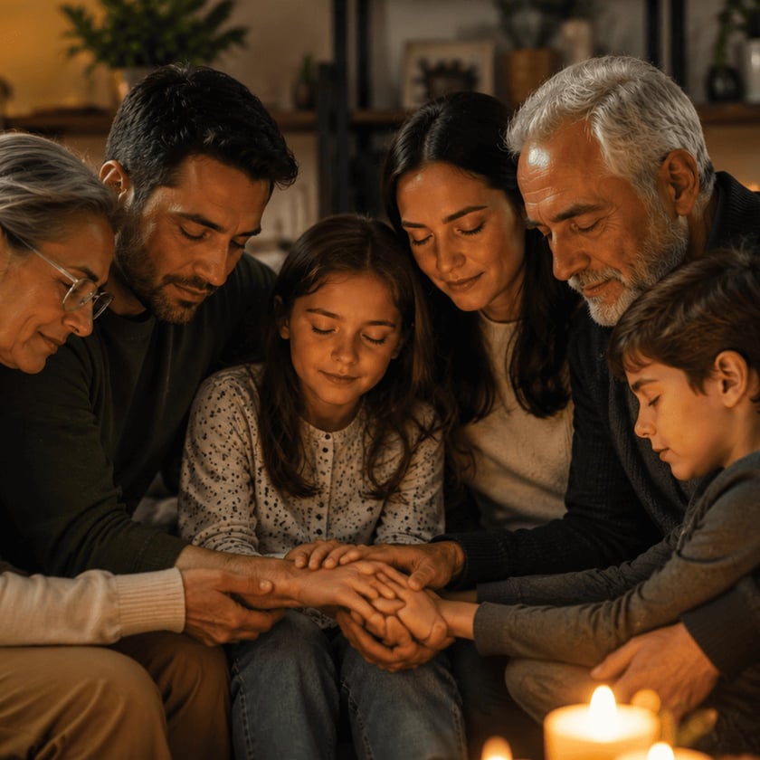 Família de várias gerações sentada junta, de olhos fechados e mãos unidas, cercada por velas acesas.