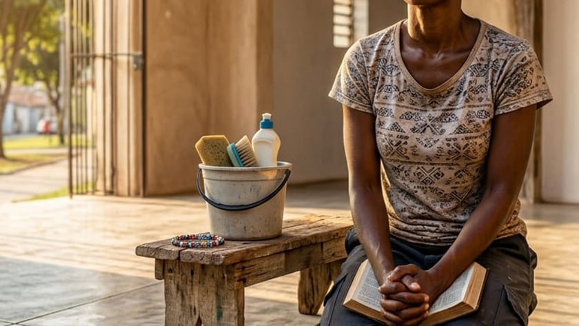 Mulher ajoelhada com as mãos unidas sobre uma Bíblia, ao lado de balde e pote de moedas.
