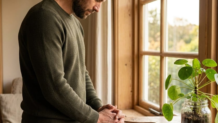 Homem de barba, de cabeça baixa e mãos unidas sobre uma Bíblia aberta, em uma mesa.