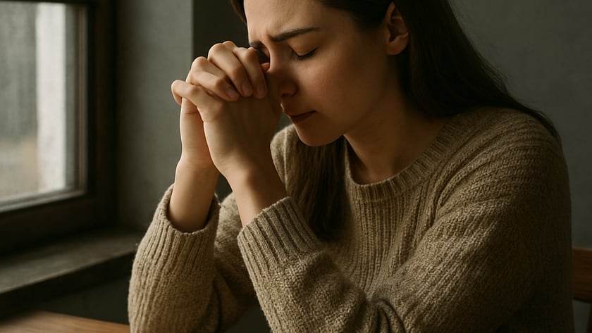 Mulher de suéter bege, de olhos fechados e mãos postas junto ao rosto, ao lado de uma Bíblia aberta.
