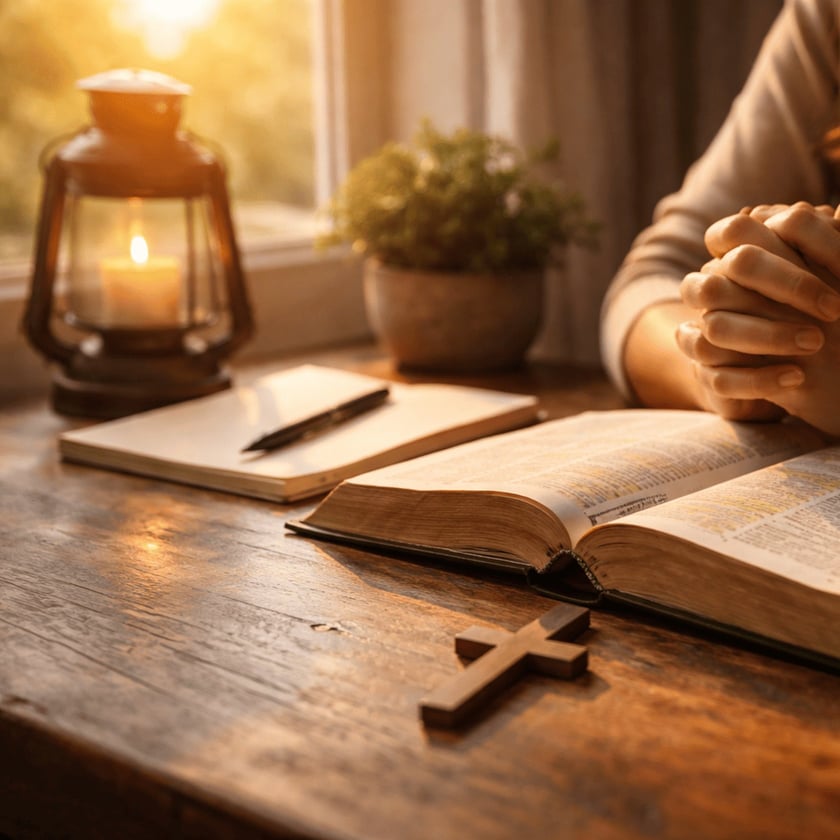 Pessoa de mãos unidas ao lado de Bíblia aberta, caderno, lanterna e cruz de madeira.