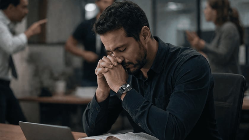 Homem de mãos postas e olhos fechados diante de um laptop e de um livro aberto.