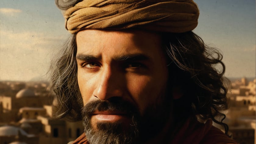 Homem barbado de cabelo grisalho e turbante marrom, com manto vermelho, diante de uma cidade antiga.