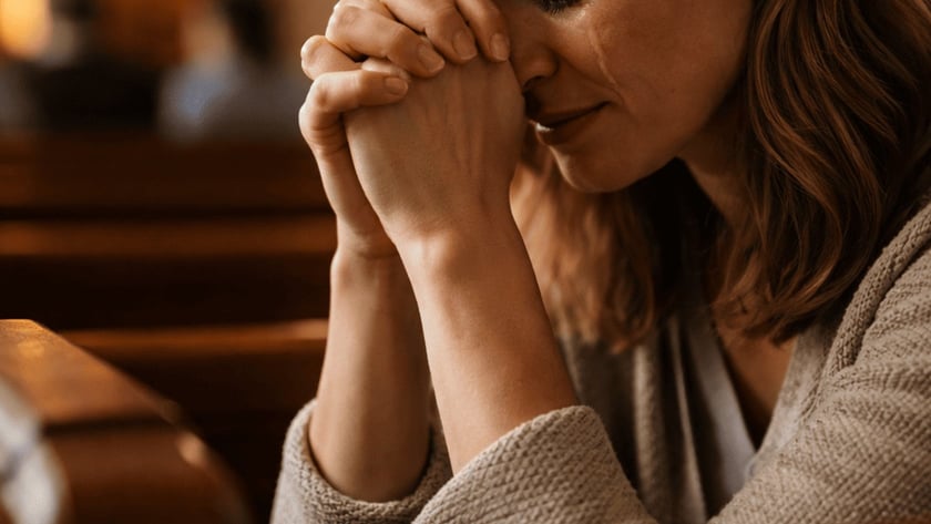 Mulher de cabelo castanho com as mãos unidas junto ao rosto, rezando em um banco de igreja.