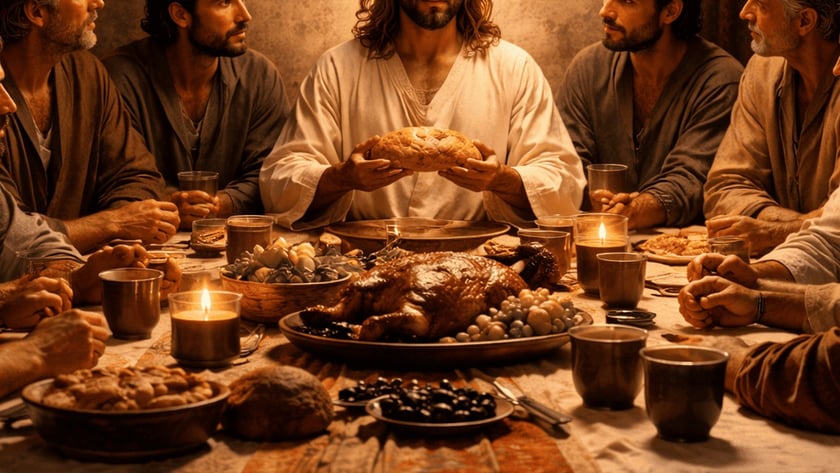 Homem de túnica branca segura um pão à mesa, cercado por seis homens e comida.