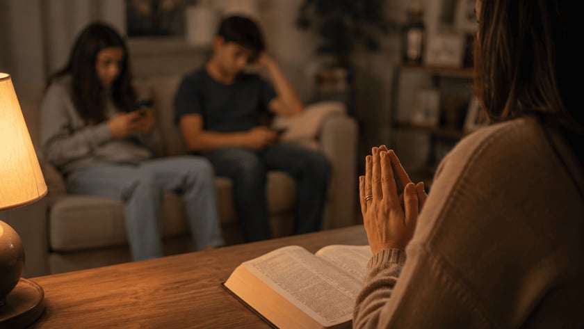 Dois jovens sentados num sofá usam celulares, com uma Bíblia aberta sobre a mesa à frente.