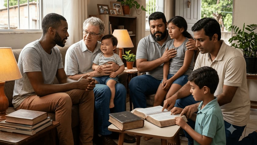 Homens e crianças reunidos numa sala, lendo uma Bíblia aberta sobre a mesa de centro.