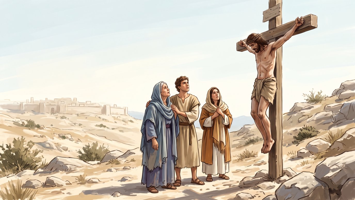 Três pessoas olham para cima, diante de um homem crucificado, em uma colina rochosa.