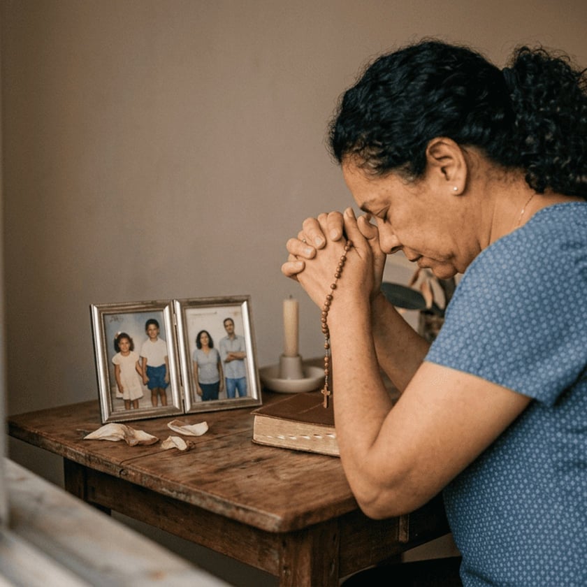 Mulher de cabelo escuro reza com um terço diante de porta-retratos, vela e Bíblia.