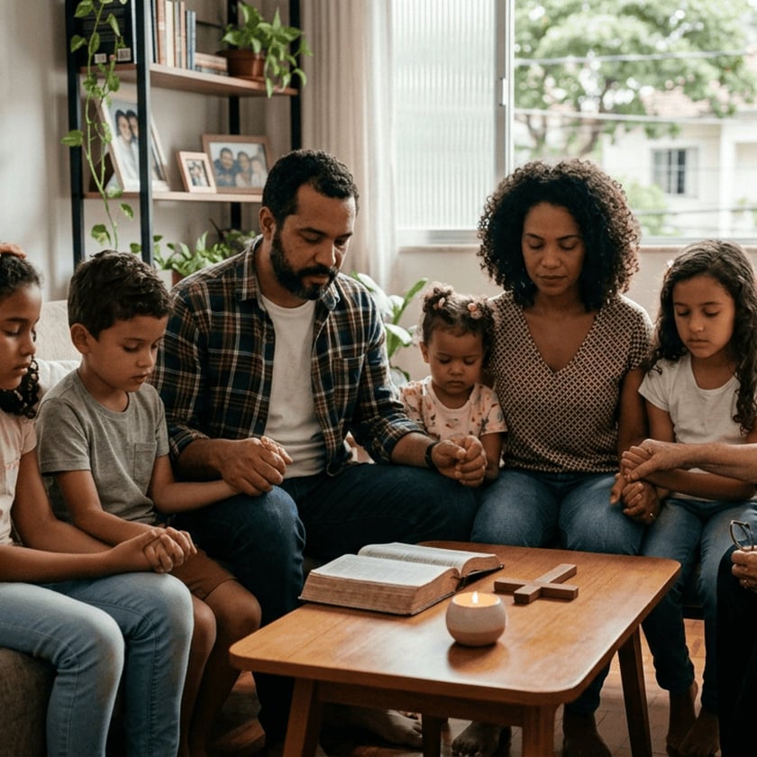 Família de mãos dadas e olhos fechados ao redor de mesa com Bíblia, cruz e vela.