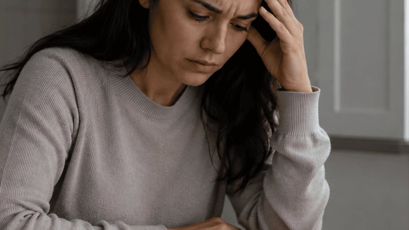 Mulher de cabelo escuro apoia a cabeça na mão à mesa, ao lado de caderno e roupas dobradas.