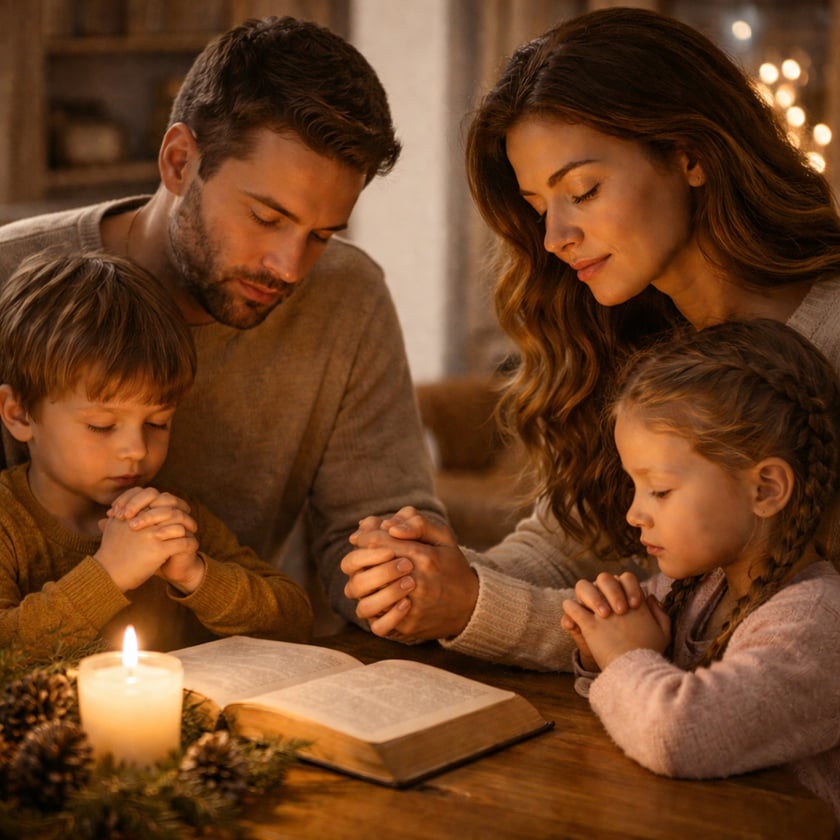 Família de quatro pessoas reza de mãos postas à mesa, com Bíblia aberta e vela.