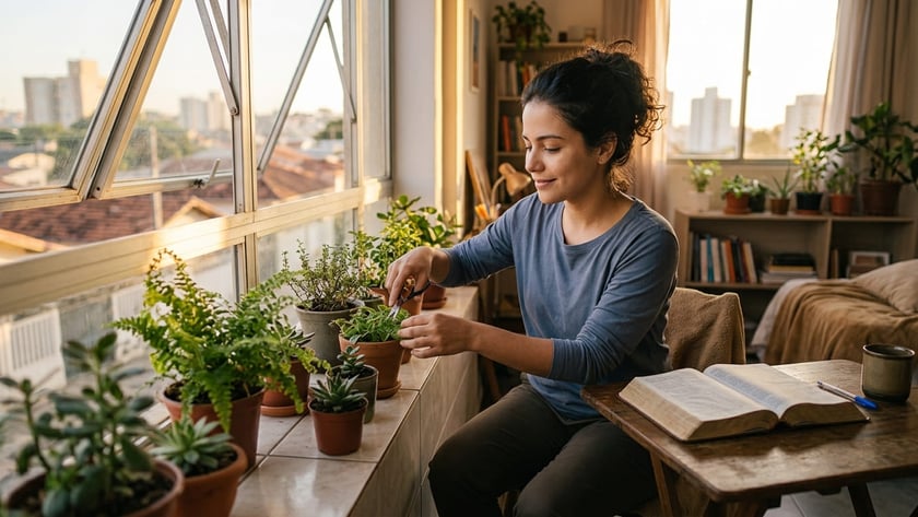 Mulher sentada poda uma plantinha em vaso perto da janela, ao lado de uma Bíblia aberta.