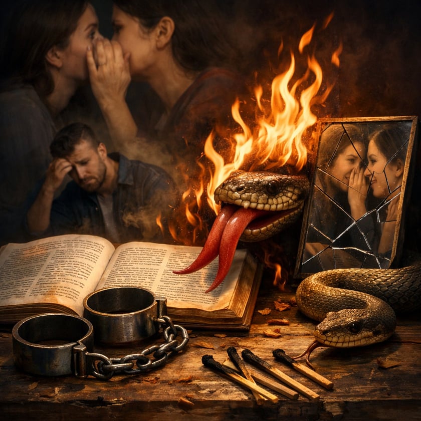 Duas mulheres cochichando, homem de cabeça baixa, serpente em chamas, livro aberto