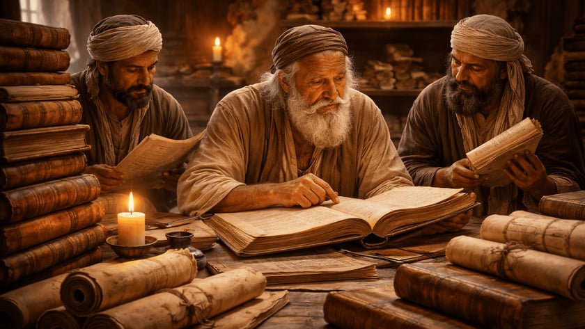 Três homens de turbante leem livros e pergaminhos à luz de velas numa mesa.