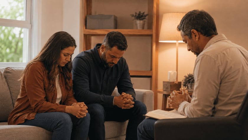 Dois homens sentados, de cabeça baixa e mãos unidas, rezam numa sala com uma Bíblia aberta.