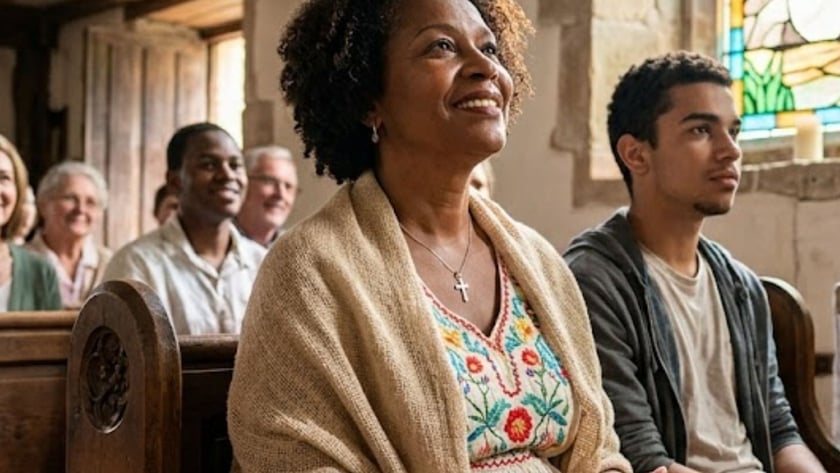 Mulher e jovem sentados em um banco de igreja, com vitral ao fundo.