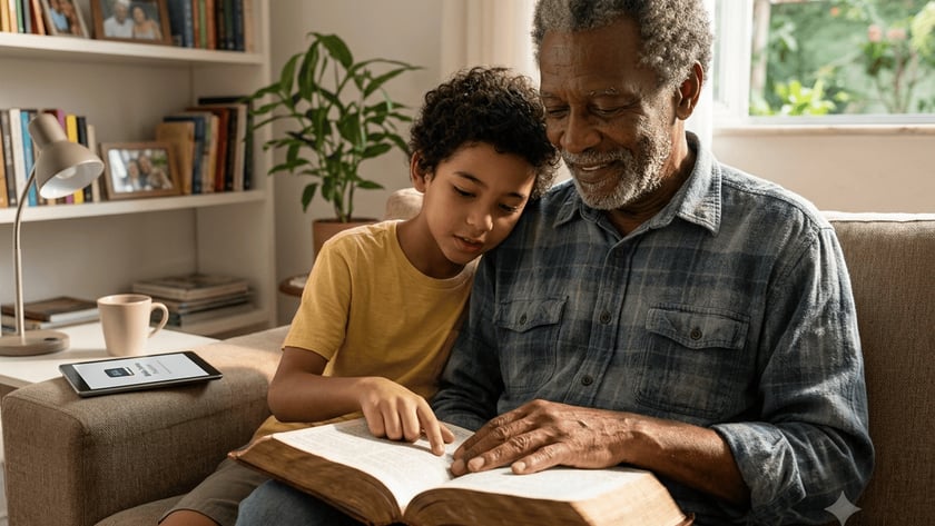 Homem idoso e menino leem juntos um livro grande em um sofá na sala.