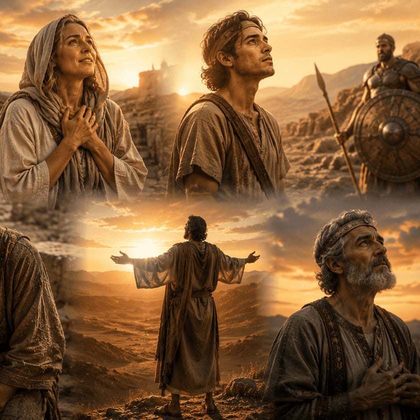 Colagem de cinco pessoas bíblicas olhando o céu ao pôr do sol no deserto, uma com lança e escudo.