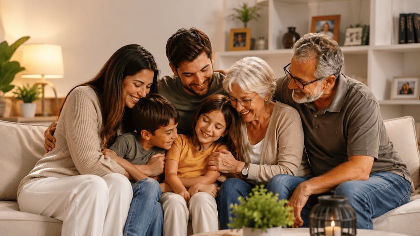 Família de três gerações sentada junta em um sofá, sorrindo e abraçando duas crianças na sala.