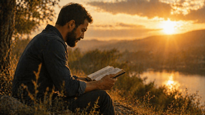 Homem barbado lê uma Bíblia sentado em um morro, diante de um lago ao pôr do sol.