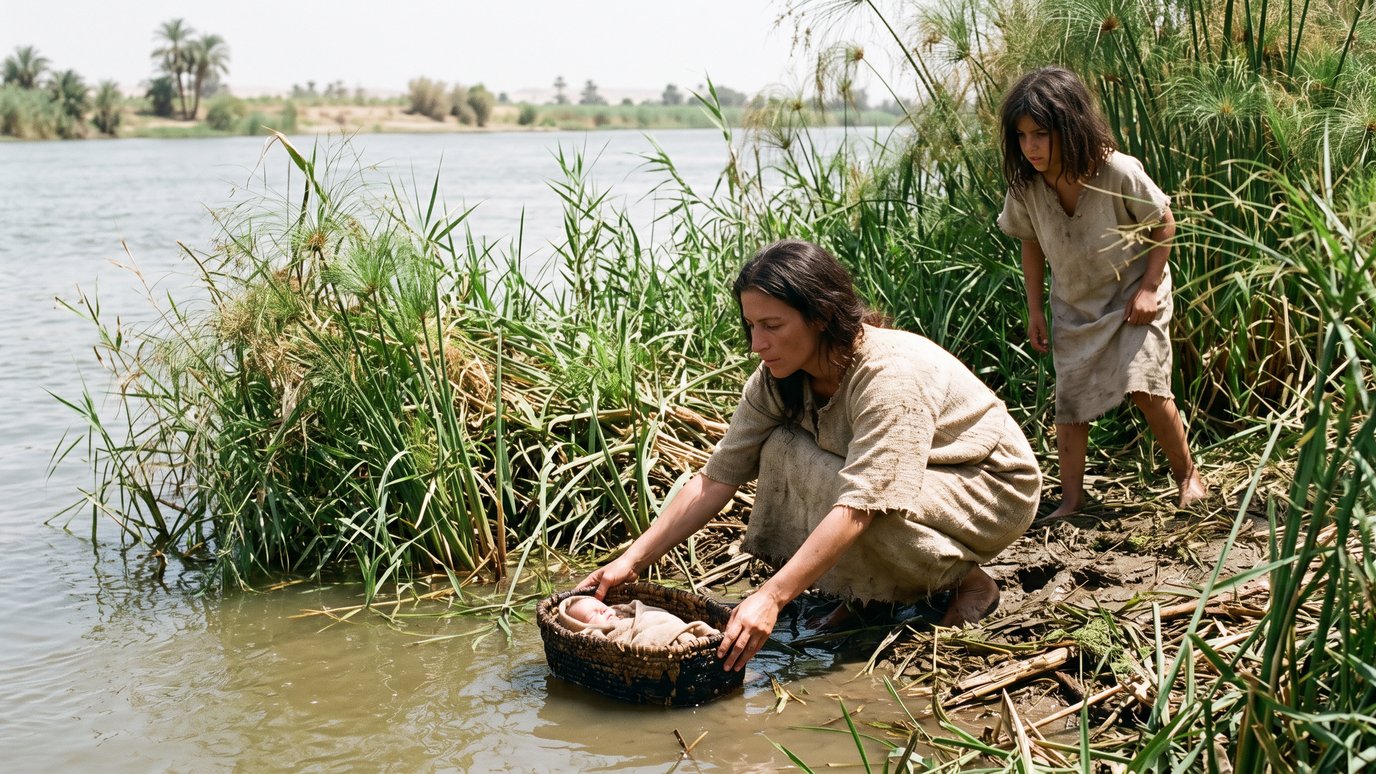 Mulher agachada à beira do rio coloca um bebê em um cesto, observada por uma menina.