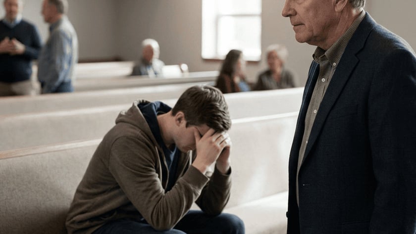 Homem de blazer em pé observa jovem sentado num banco de igreja, com o rosto nas mãos.
