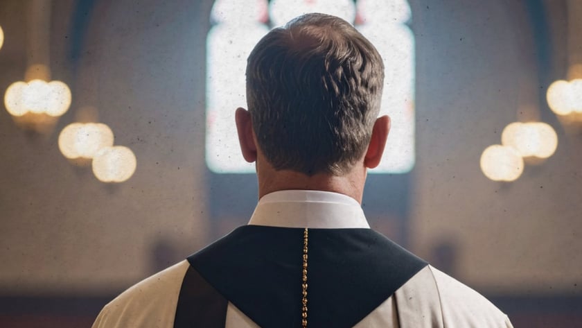 Padre de costas, com vestes brancas e pretas e cruz dourada, dentro de uma igreja.