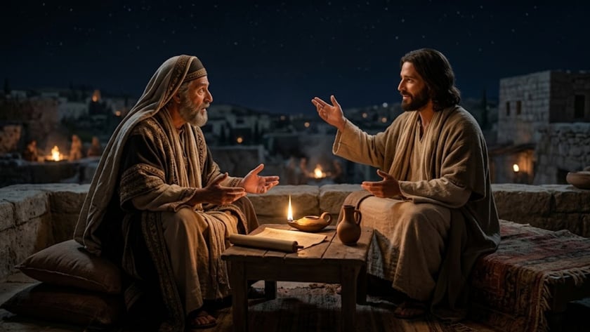 Dois homens de túnica conversam gesticulando à noite