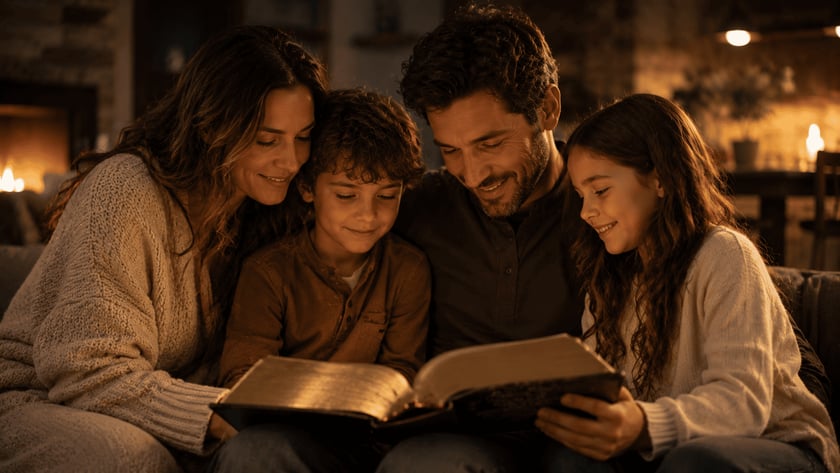 Homem sorridente, uma menina e um menino leem juntos um livro grande num sofá.