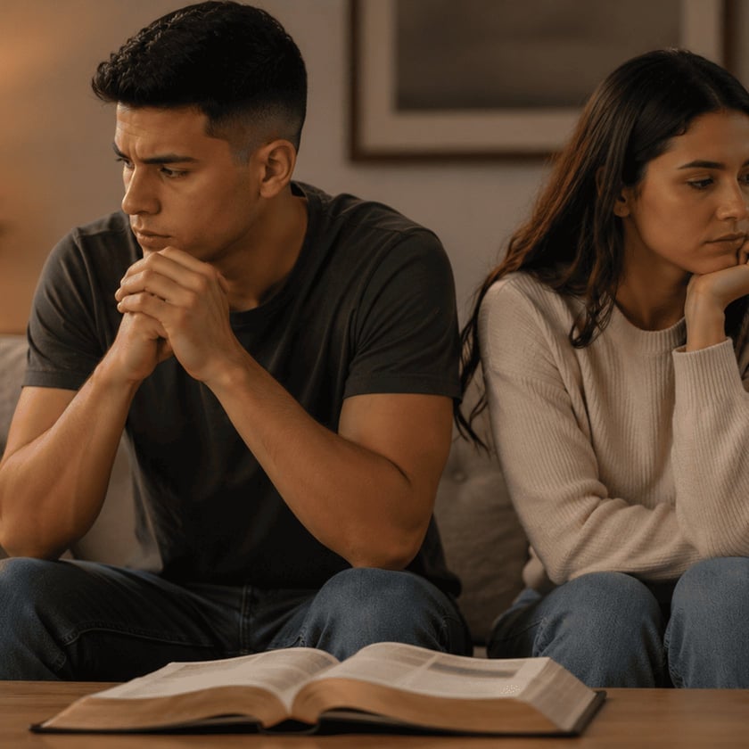 Homem e mulher sentados em um sofá, de costas um para o outro, com uma Bíblia aberta na mesa.