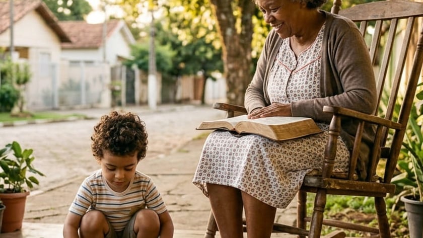 Idosa sentada em cadeira de balanço com livro no colo, ao lado de criança brincando.