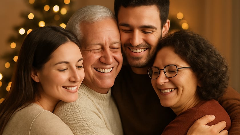 Quatro pessoas se abraçam sorrindo diante de uma árvore de Natal iluminada.