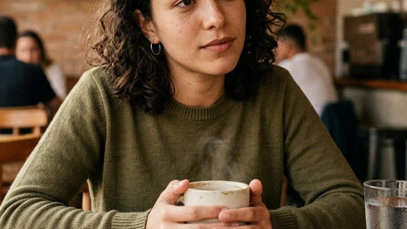 Mulher de cabelo cacheado segura uma xícara fumegante em uma mesa de madeira numa cafeteria.