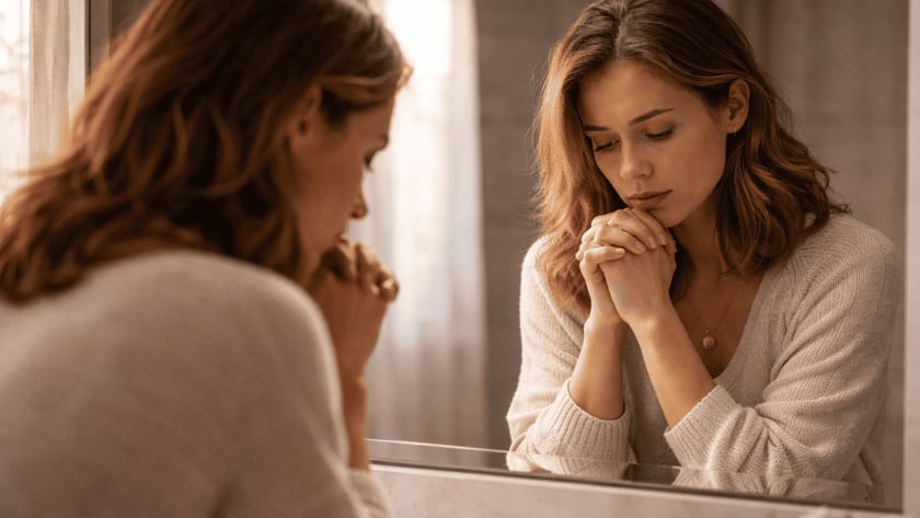 Mulher de suéter claro apoia as mãos unidas no queixo diante do espelho do banheiro.