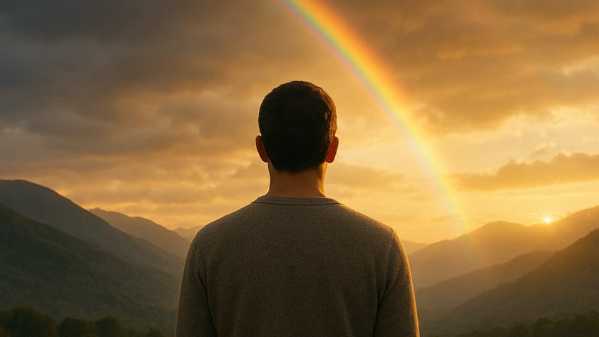 Homem de costas, com suéter cinza, observa um arco-íris sobre montanhas ao entardecer.
