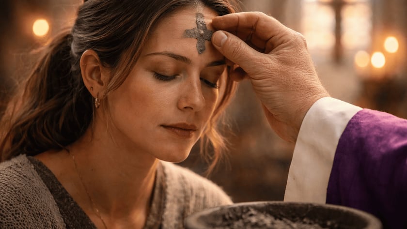 Padre com veste roxa marca uma cruz de cinzas na testa de uma mulher.