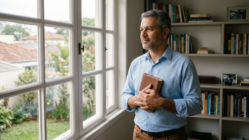 Homem grisalho de camisa azul segura um livro marrom e olha pela janela.