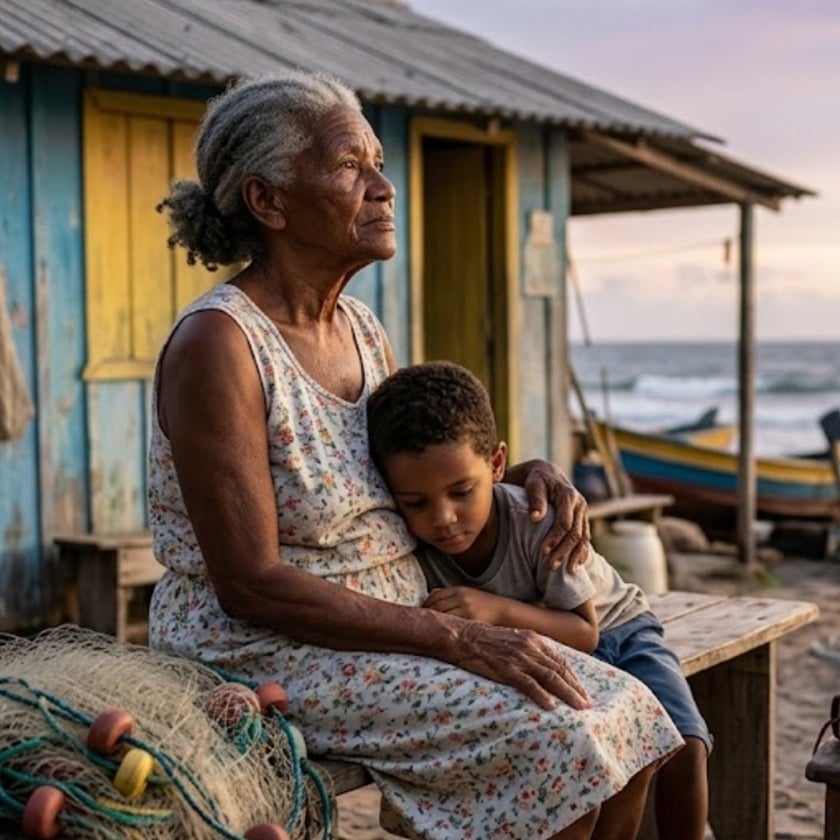 Idosa e menino sentados abraçados em um banco diante de casa de madeira azul, perto do mar.