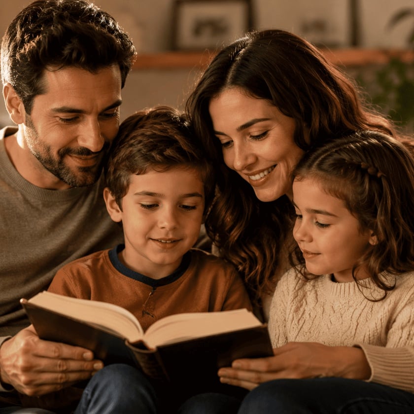 Pai, mãe, menino e menina sorriem enquanto leem juntos um livro grande no sofá.