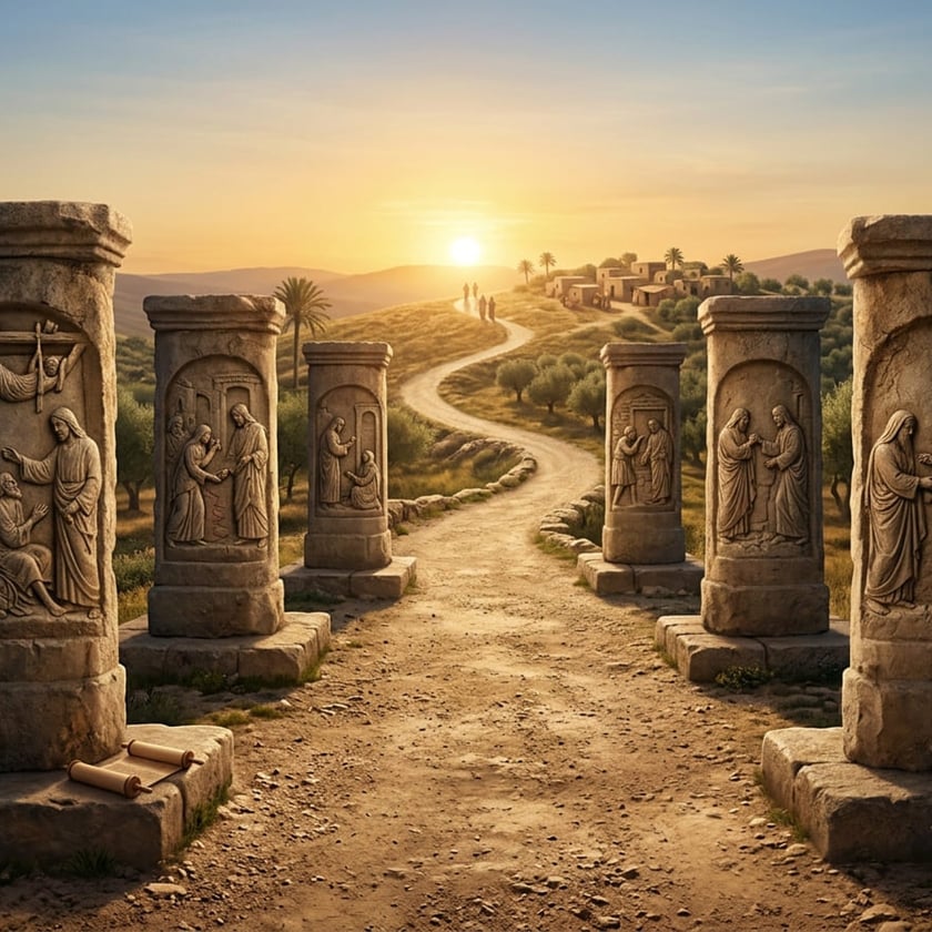 Colunas de pedra esculpidas ladeiam um caminho de terra que leva a uma vila ao pôr do sol.