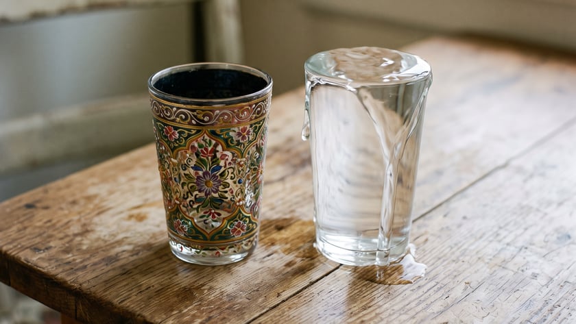 Dois copos sobre uma mesa de madeira rústica: um decorado com flores e outro com água escorrendo.