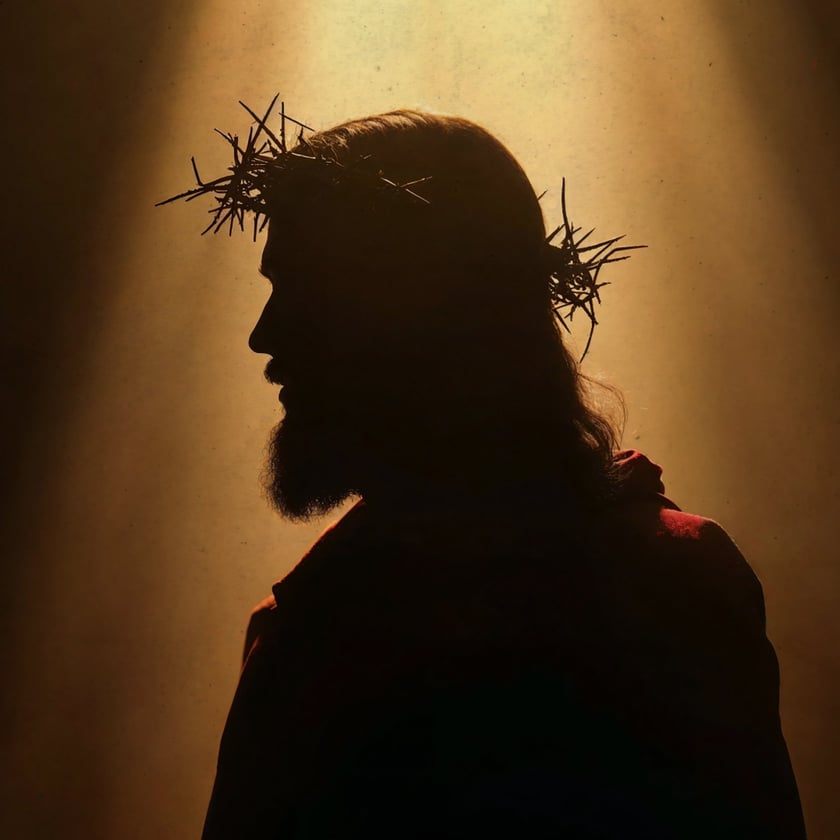 Silhueta de homem barbudo de perfil, com coroa de espinhos e manto avermelhado.