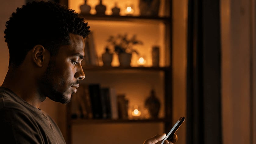 Homem sentado olha o celular, com uma Bíblia aberta no colo, em sala com velas.