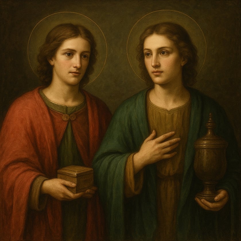 Dois jovens com auréolas, de manto vermelho e verde, seguram uma caixa e uma urna.