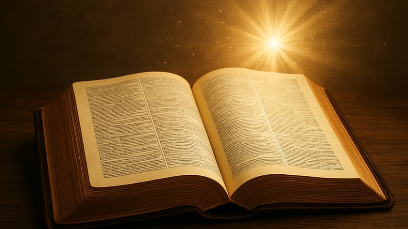 Livro grosso aberto sobre mesa de madeira, com um ponto de luz brilhante acima das páginas.